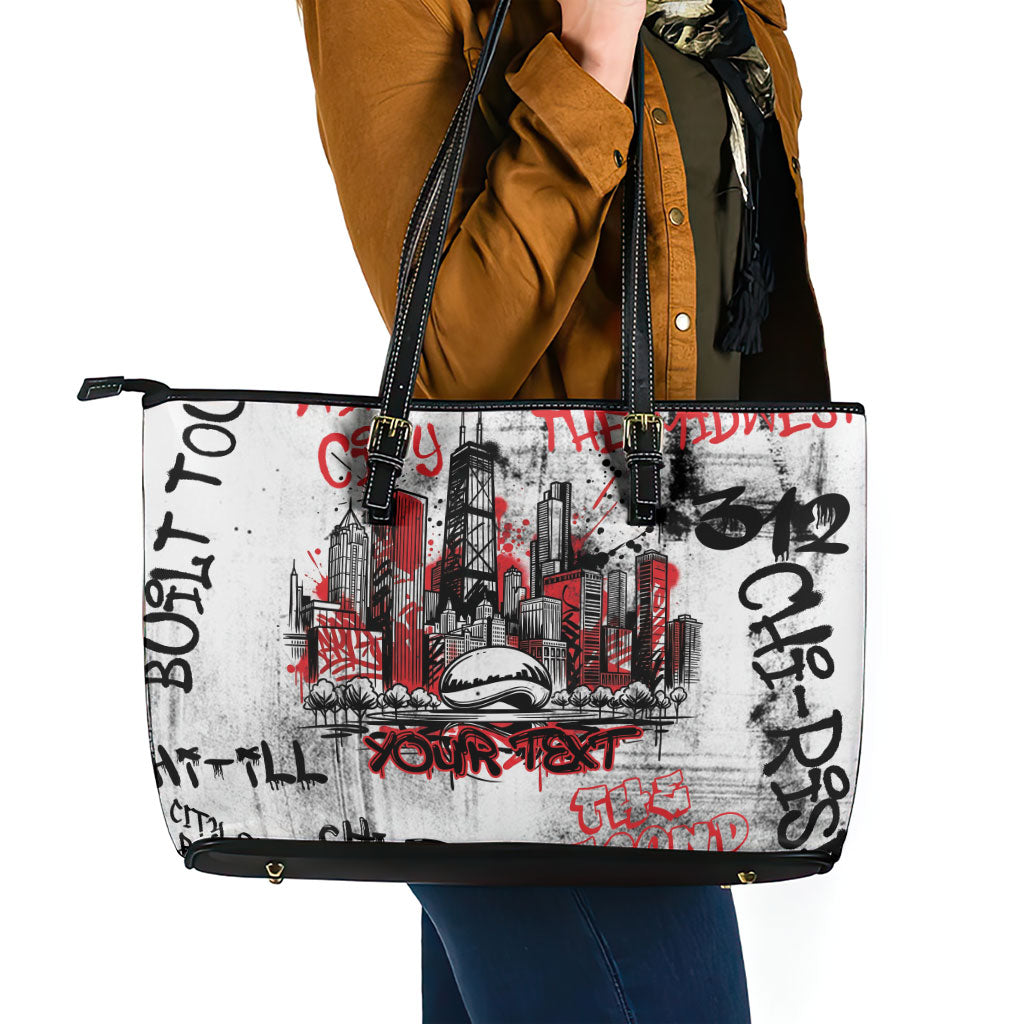 Personalized Chicago City Skyline Leather Tote Bag Urban Graffiti - Cloud Gate - Windy City Typography