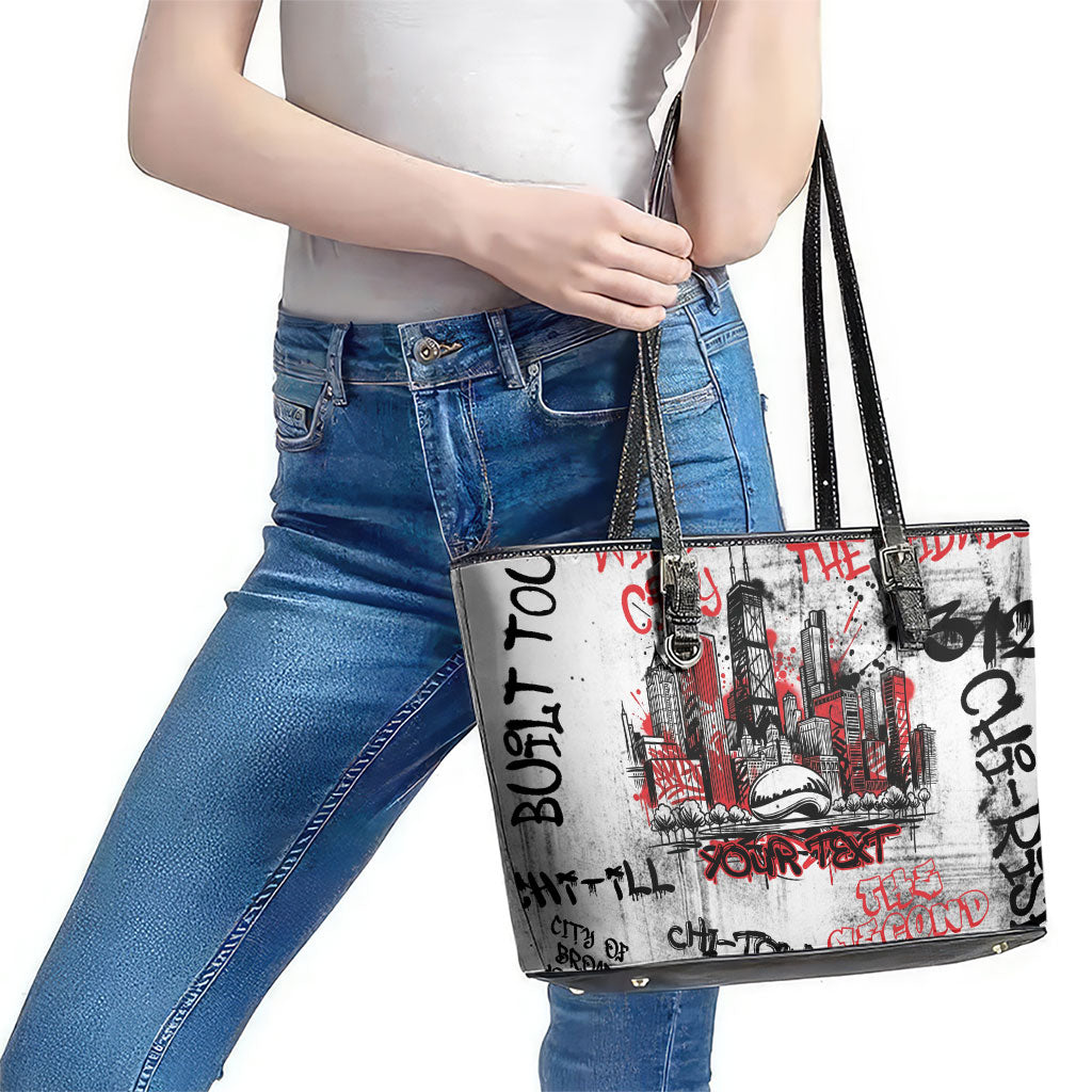 Personalized Chicago City Skyline Leather Tote Bag Urban Graffiti - Cloud Gate - Windy City Typography