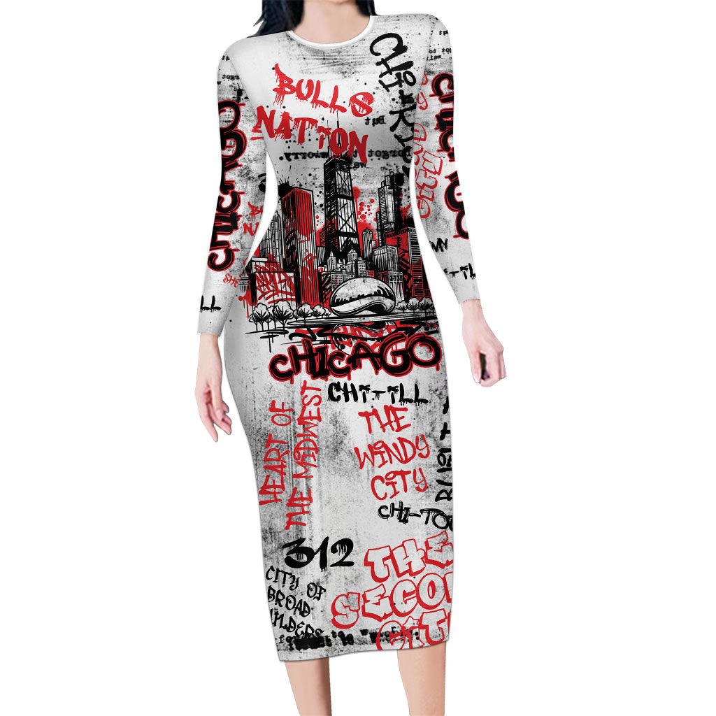 Personalized Chicago City Skyline Long Sleeve Bodycon Dress Urban Graffiti - Cloud Gate - Windy City Typography