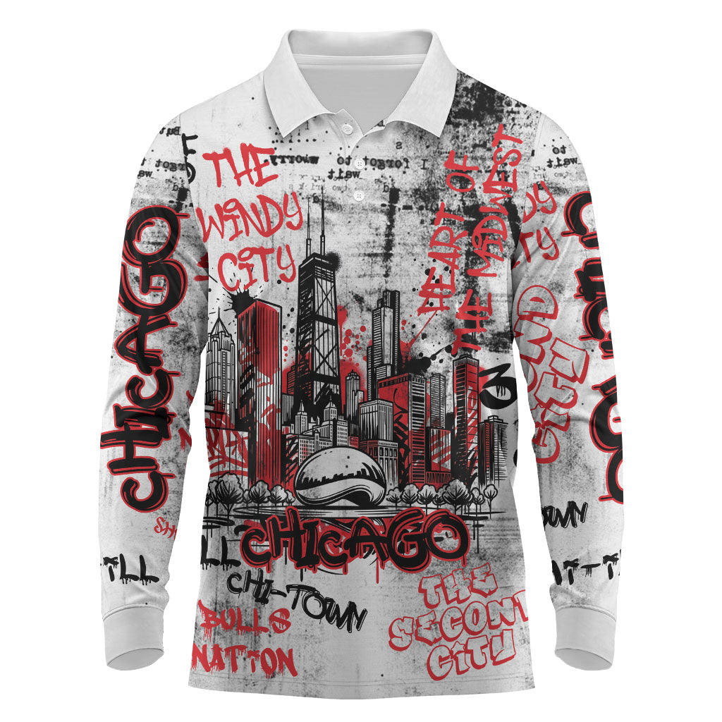 Personalized Chicago City Skyline Long Sleeve Polo Shirt Urban Graffiti - Cloud Gate - Windy City Typography