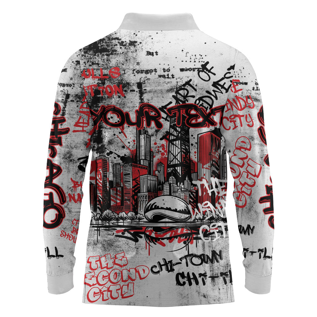 Personalized Chicago City Skyline Long Sleeve Polo Shirt Urban Graffiti - Cloud Gate - Windy City Typography