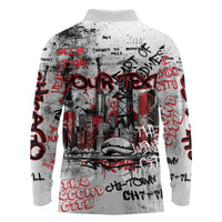 Personalized Chicago City Skyline Long Sleeve Polo Shirt Urban Graffiti - Cloud Gate - Windy City Typography