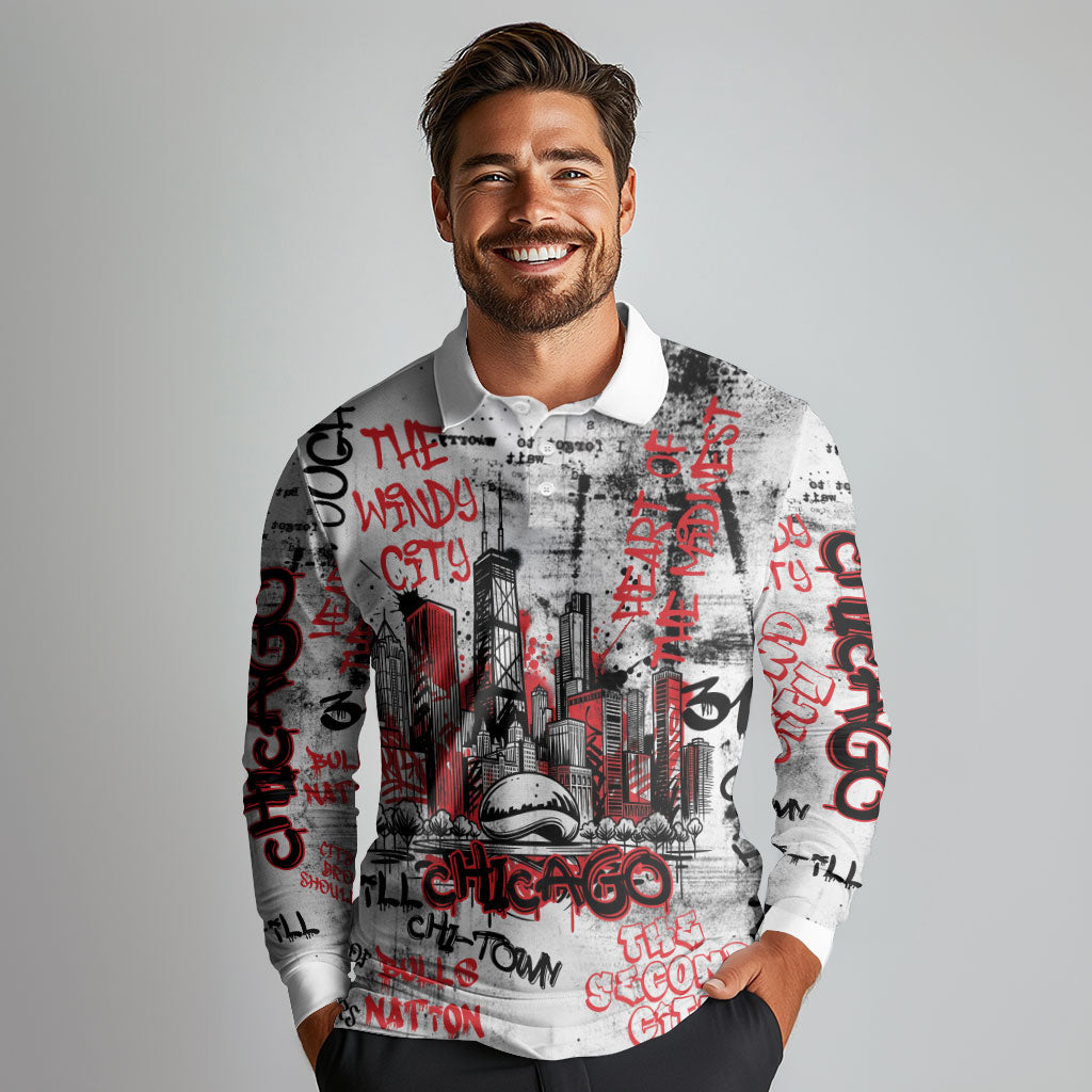 Personalized Chicago City Skyline Long Sleeve Polo Shirt Urban Graffiti - Cloud Gate - Windy City Typography