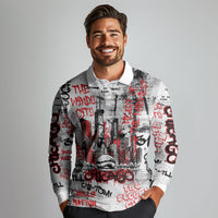 Personalized Chicago City Skyline Long Sleeve Polo Shirt Urban Graffiti - Cloud Gate - Windy City Typography