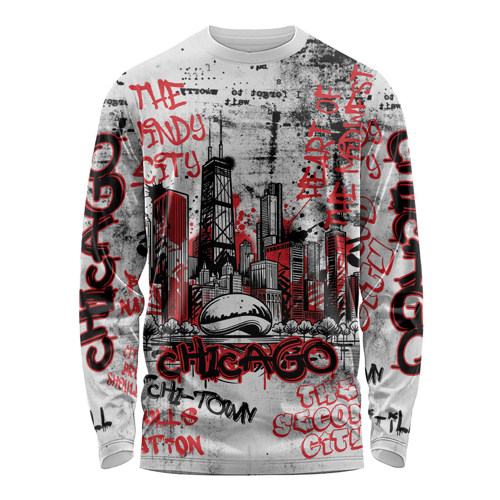 Personalized Chicago City Skyline Long Sleeve Shirt Urban Graffiti - Cloud Gate - Windy City Typography