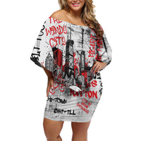 Personalized Chicago City Skyline Off Shoulder Short Dress Urban Graffiti - Cloud Gate - Windy City Typography