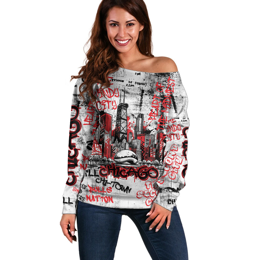 Personalized Chicago City Skyline Off Shoulder Sweater Urban Graffiti - Cloud Gate - Windy City Typography