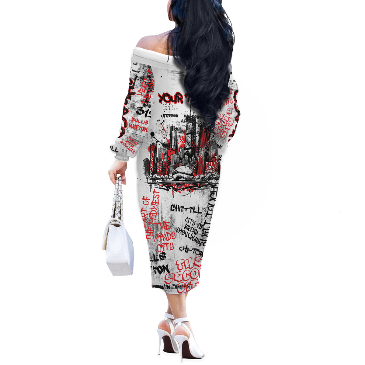 Personalized Chicago City Skyline Off The Shoulder Long Sleeve Dress Urban Graffiti - Cloud Gate - Windy City Typography