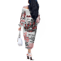Personalized Chicago City Skyline Off The Shoulder Long Sleeve Dress Urban Graffiti - Cloud Gate - Windy City Typography