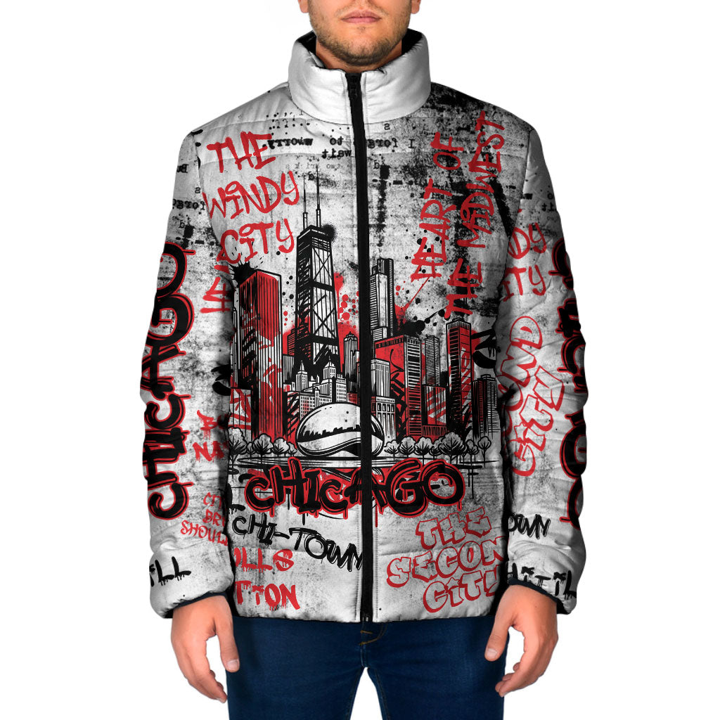 Personalized Chicago City Skyline Padded Jacket Urban Graffiti - Cloud Gate - Windy City Typography