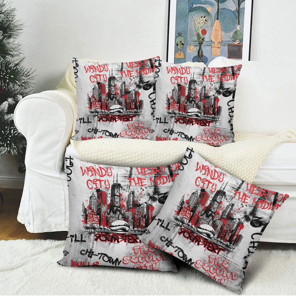 Personalized Chicago City Skyline Pillow Cover Urban Graffiti - Cloud Gate - Windy City Typography
