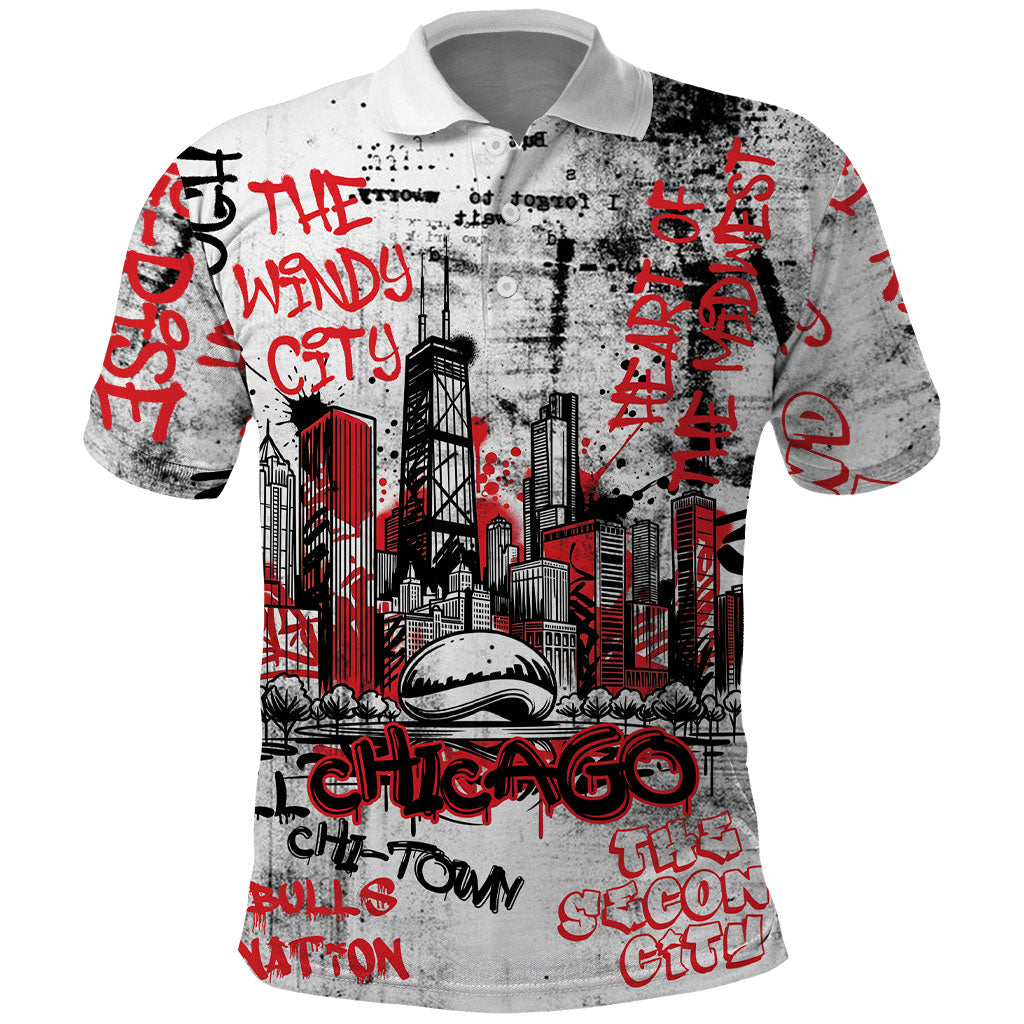 Personalized Chicago City Skyline Polo Shirt Urban Graffiti - Cloud Gate - Windy City Typography