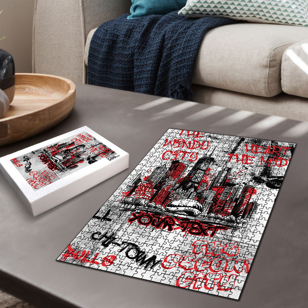 Personalized Chicago City Skyline Puzzle Urban Graffiti - Cloud Gate - Windy City Typography