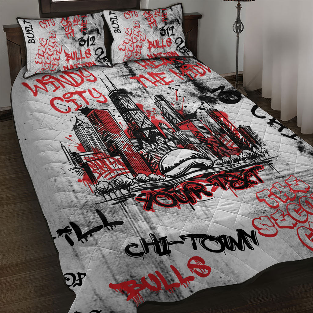 Personalized Chicago City Skyline Quilt Bed Set Urban Graffiti - Cloud Gate - Windy City Typography