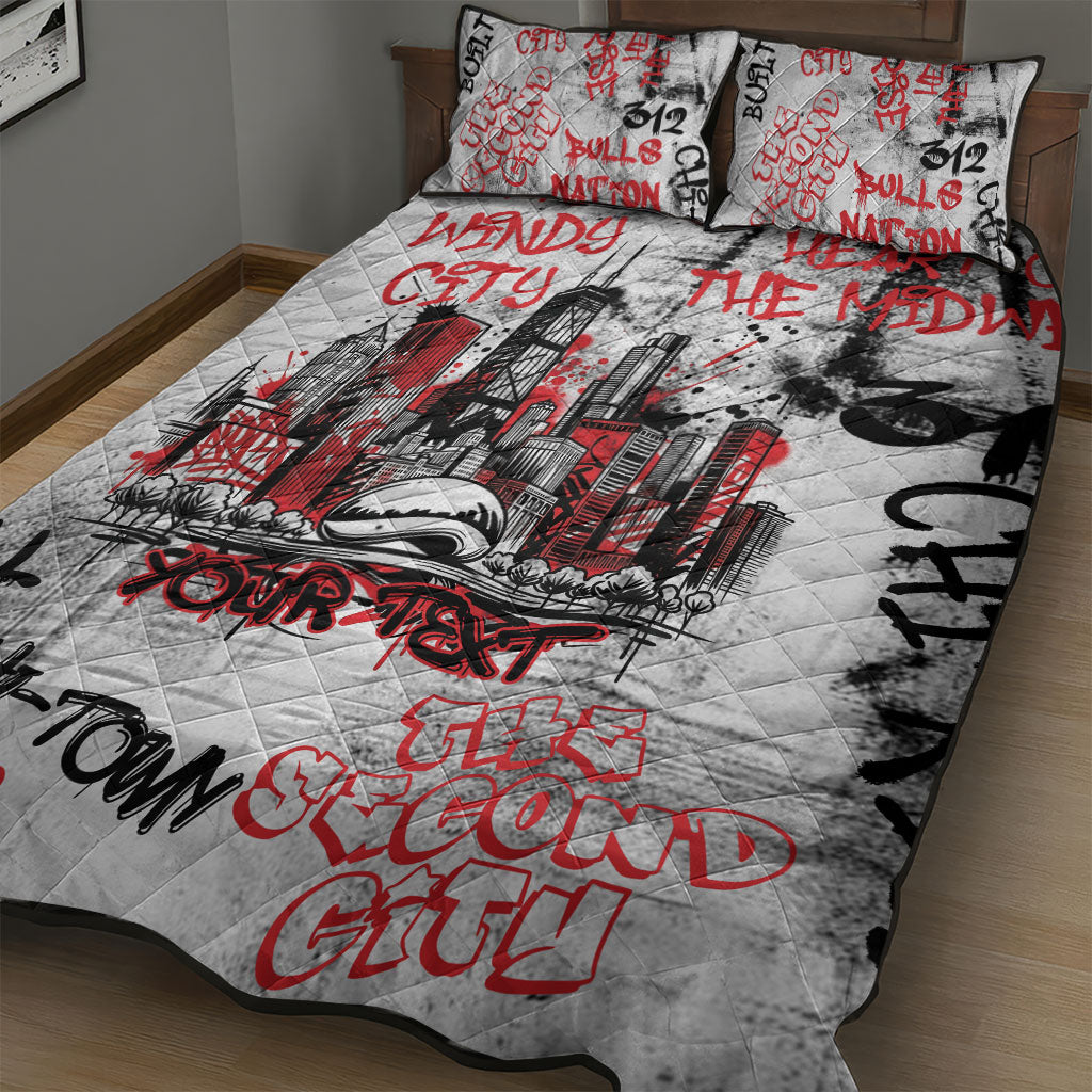 Personalized Chicago City Skyline Quilt Bed Set Urban Graffiti - Cloud Gate - Windy City Typography