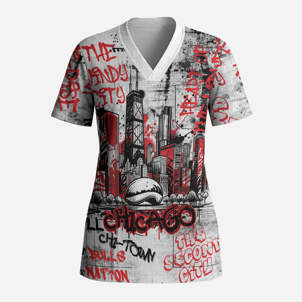 Personalized Chicago City Skyline Scrub Top Urban Graffiti - Cloud Gate - Windy City Typography