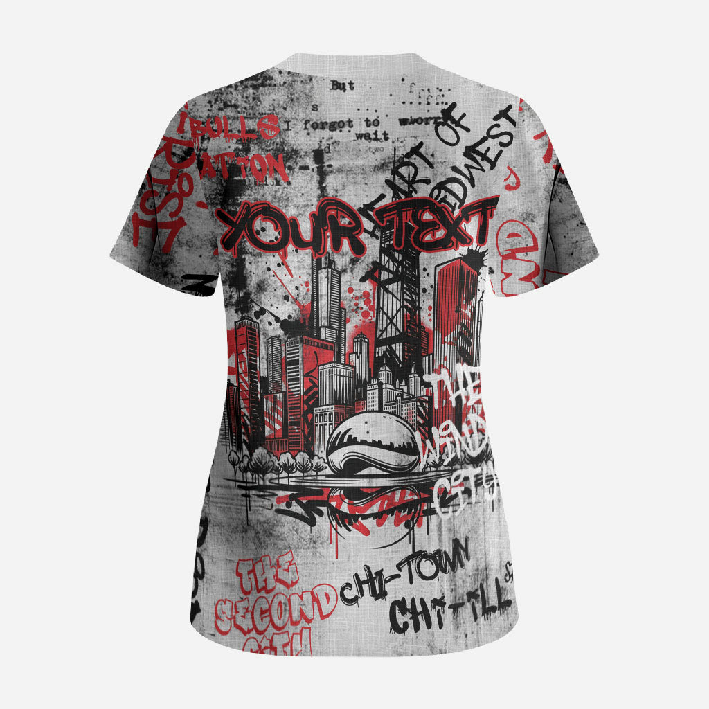 Personalized Chicago City Skyline Scrub Top Urban Graffiti - Cloud Gate - Windy City Typography
