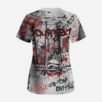 Personalized Chicago City Skyline Scrub Top Urban Graffiti - Cloud Gate - Windy City Typography