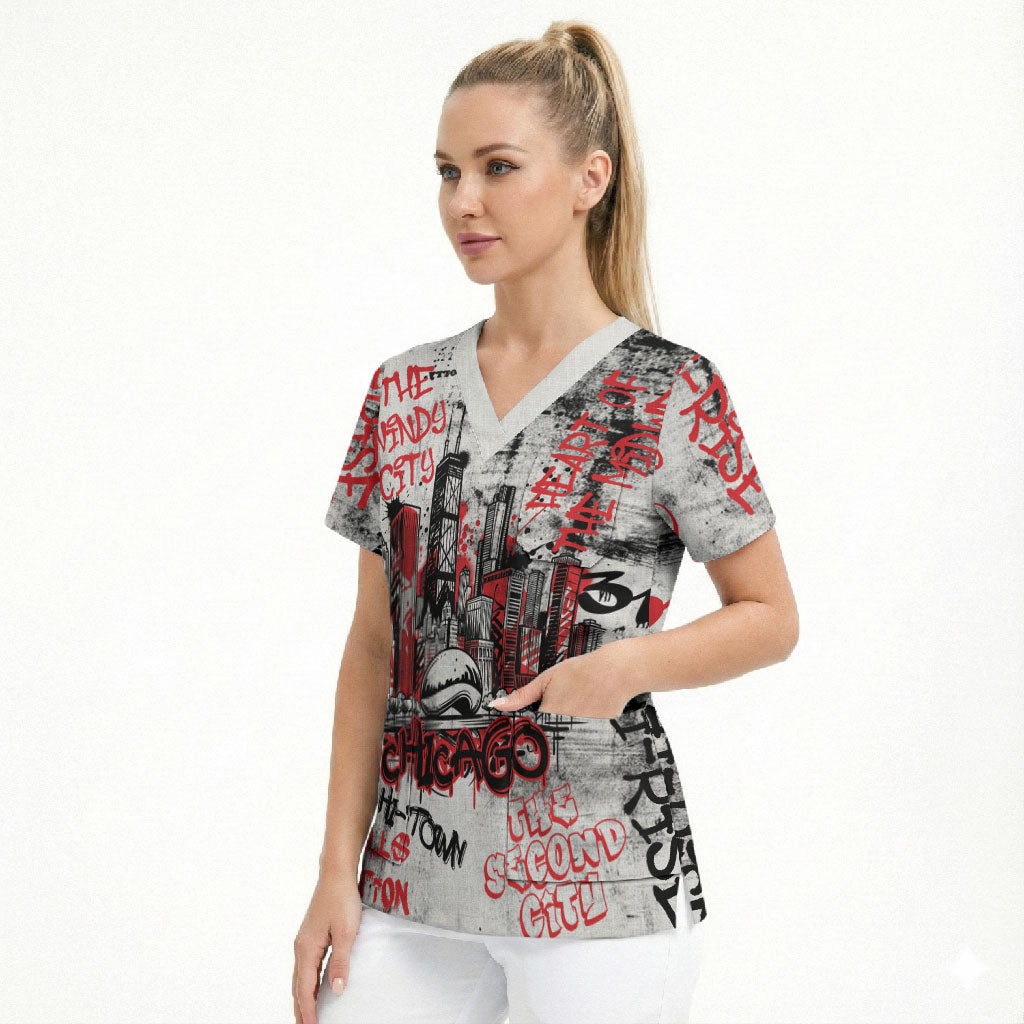 Personalized Chicago City Skyline Scrub Top Urban Graffiti - Cloud Gate - Windy City Typography