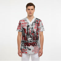 Personalized Chicago City Skyline Scrub Top Urban Graffiti - Cloud Gate - Windy City Typography
