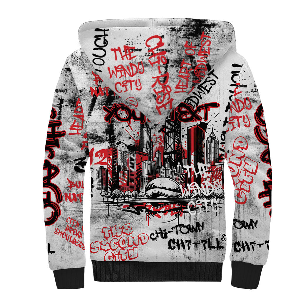 Personalized Chicago City Skyline Sherpa Hoodie Urban Graffiti - Cloud Gate - Windy City Typography