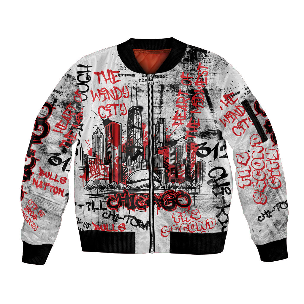 Personalized Chicago City Skyline Sleeve Zip Bomber Jacket Urban Graffiti - Cloud Gate - Windy City Typography