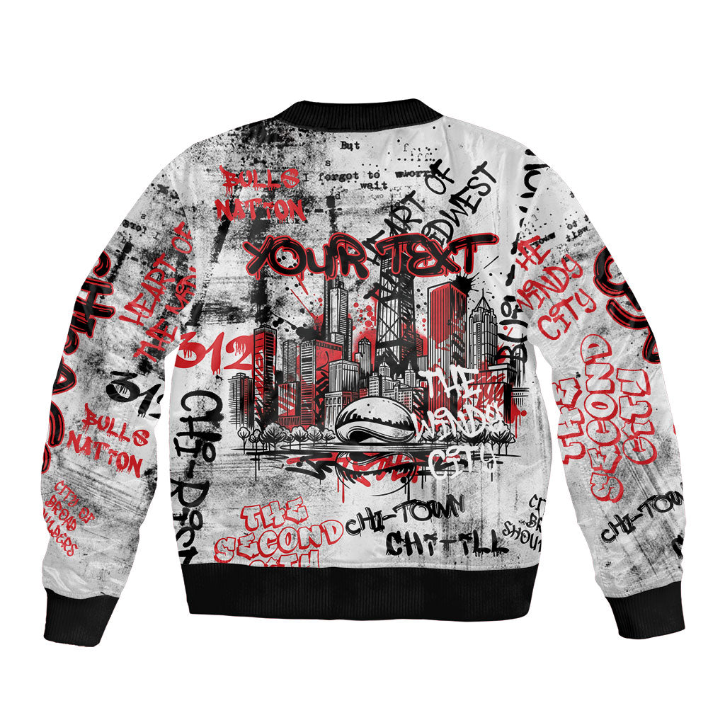 Personalized Chicago City Skyline Sleeve Zip Bomber Jacket Urban Graffiti - Cloud Gate - Windy City Typography