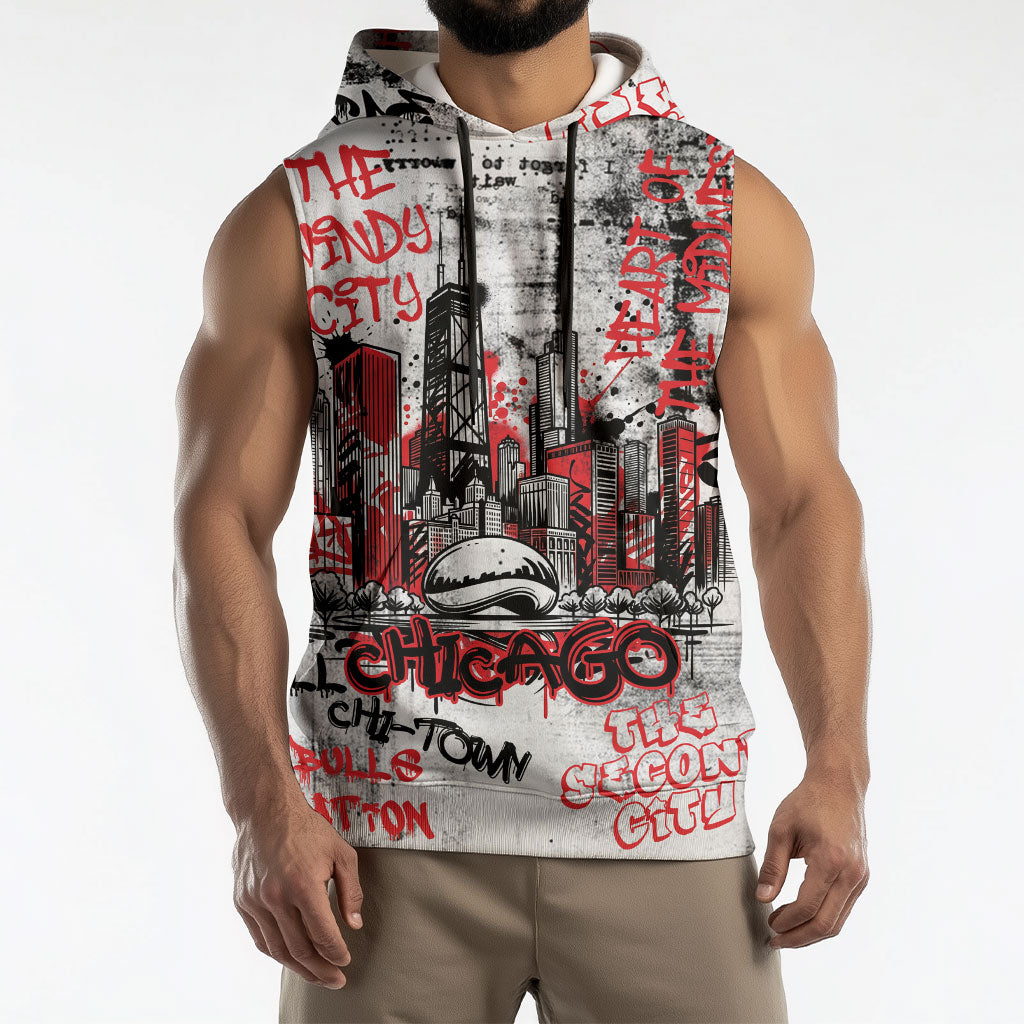 Personalized Chicago City Skyline Sleeveless Hoodie Urban Graffiti - Cloud Gate - Windy City Typography