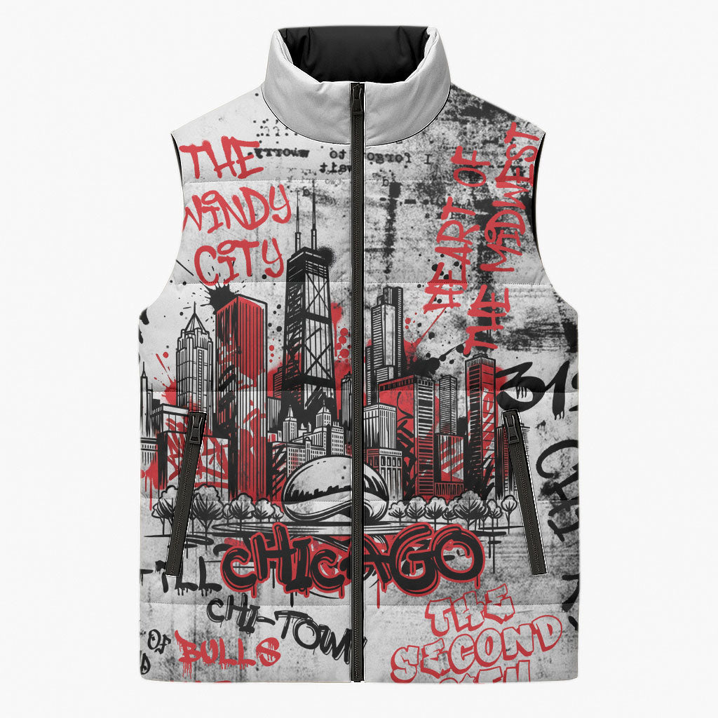Personalized Chicago City Skyline Sleeveless Puffer Jacket Urban Graffiti - Cloud Gate - Windy City Typography
