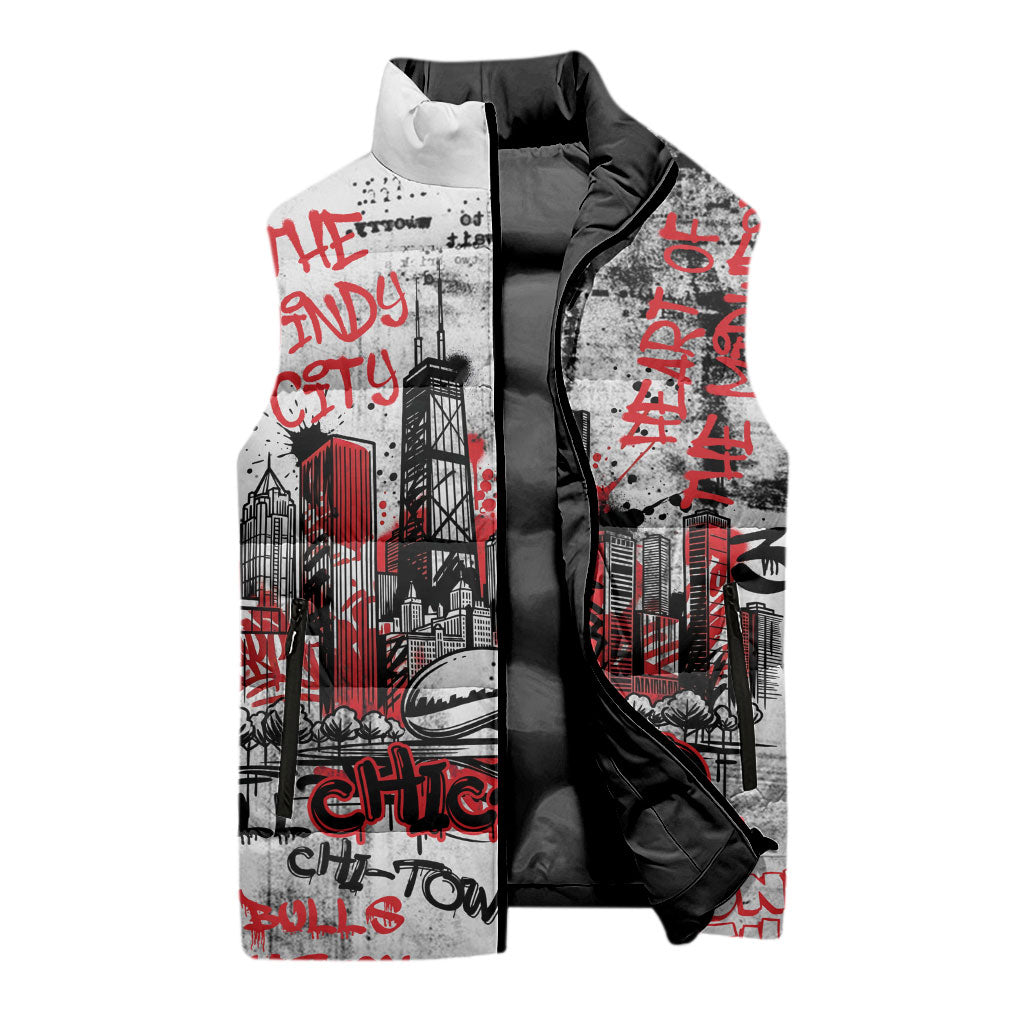 Personalized Chicago City Skyline Sleeveless Puffer Jacket Urban Graffiti - Cloud Gate - Windy City Typography