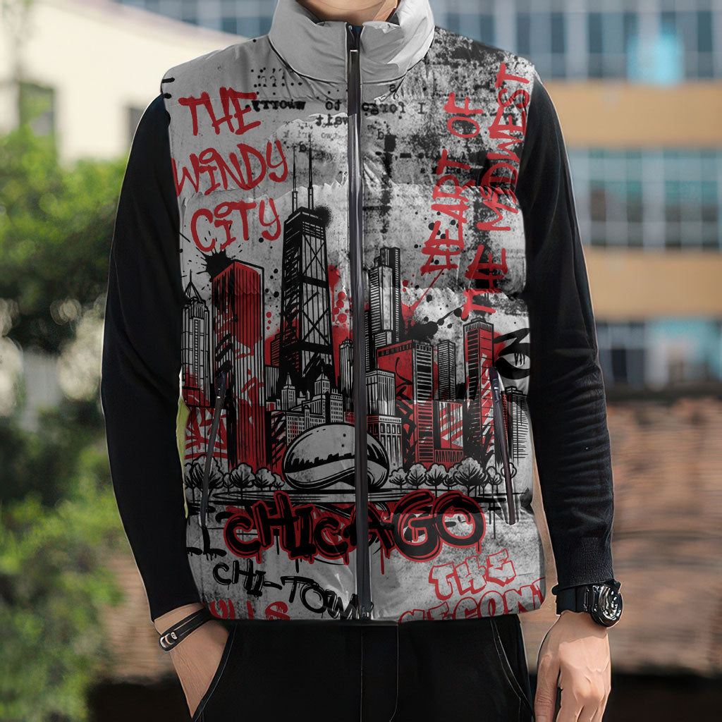 Personalized Chicago City Skyline Sleeveless Puffer Jacket Urban Graffiti - Cloud Gate - Windy City Typography