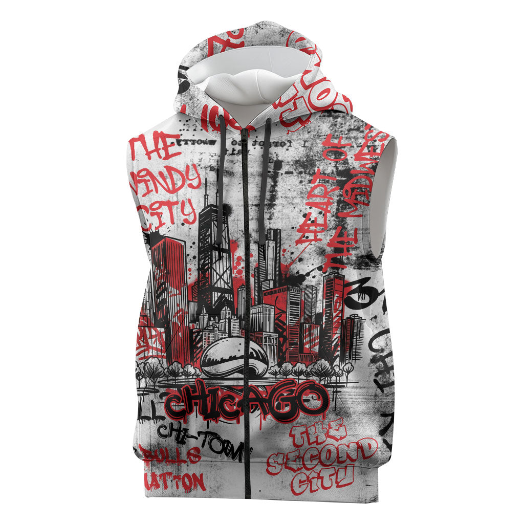 Personalized Chicago City Skyline Sleeveless Zip Hoodie Urban Graffiti - Cloud Gate - Windy City Typography