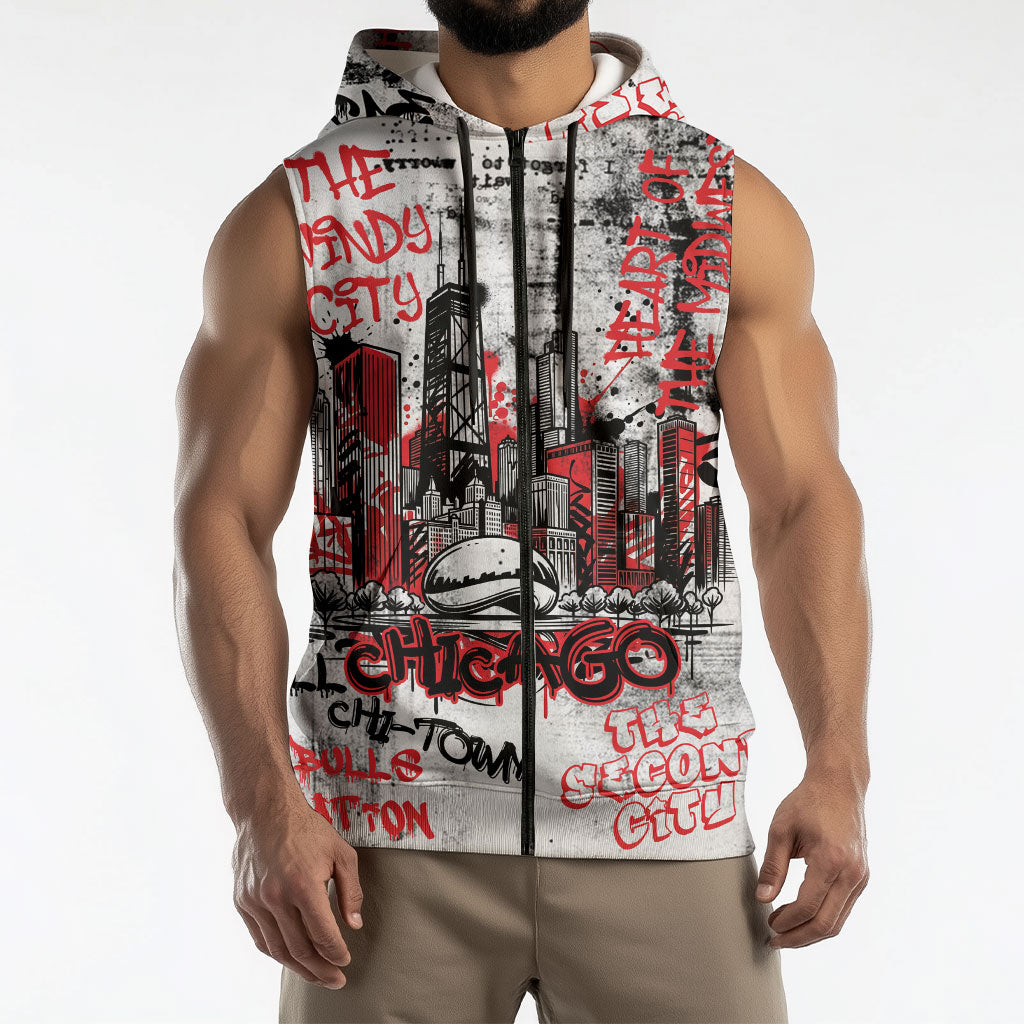 Personalized Chicago City Skyline Sleeveless Zip Hoodie Urban Graffiti - Cloud Gate - Windy City Typography