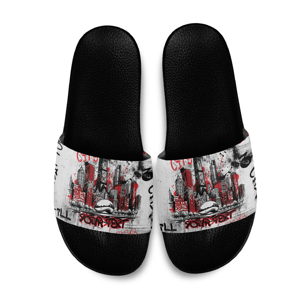 Personalized Chicago City Skyline Slide Sandals Urban Graffiti - Cloud Gate - Windy City Typography