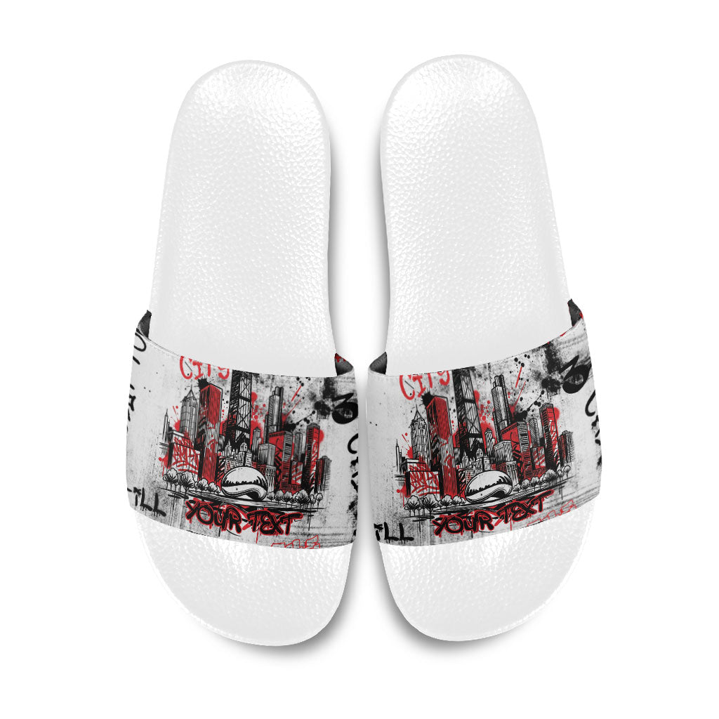 Personalized Chicago City Skyline Slide Sandals Urban Graffiti - Cloud Gate - Windy City Typography