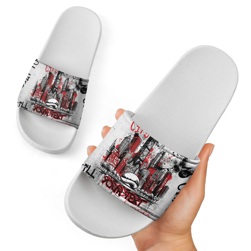 Personalized Chicago City Skyline Slide Sandals Urban Graffiti - Cloud Gate - Windy City Typography