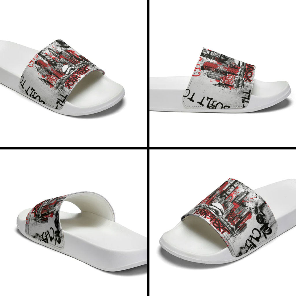 Personalized Chicago City Skyline Slide Sandals Urban Graffiti - Cloud Gate - Windy City Typography