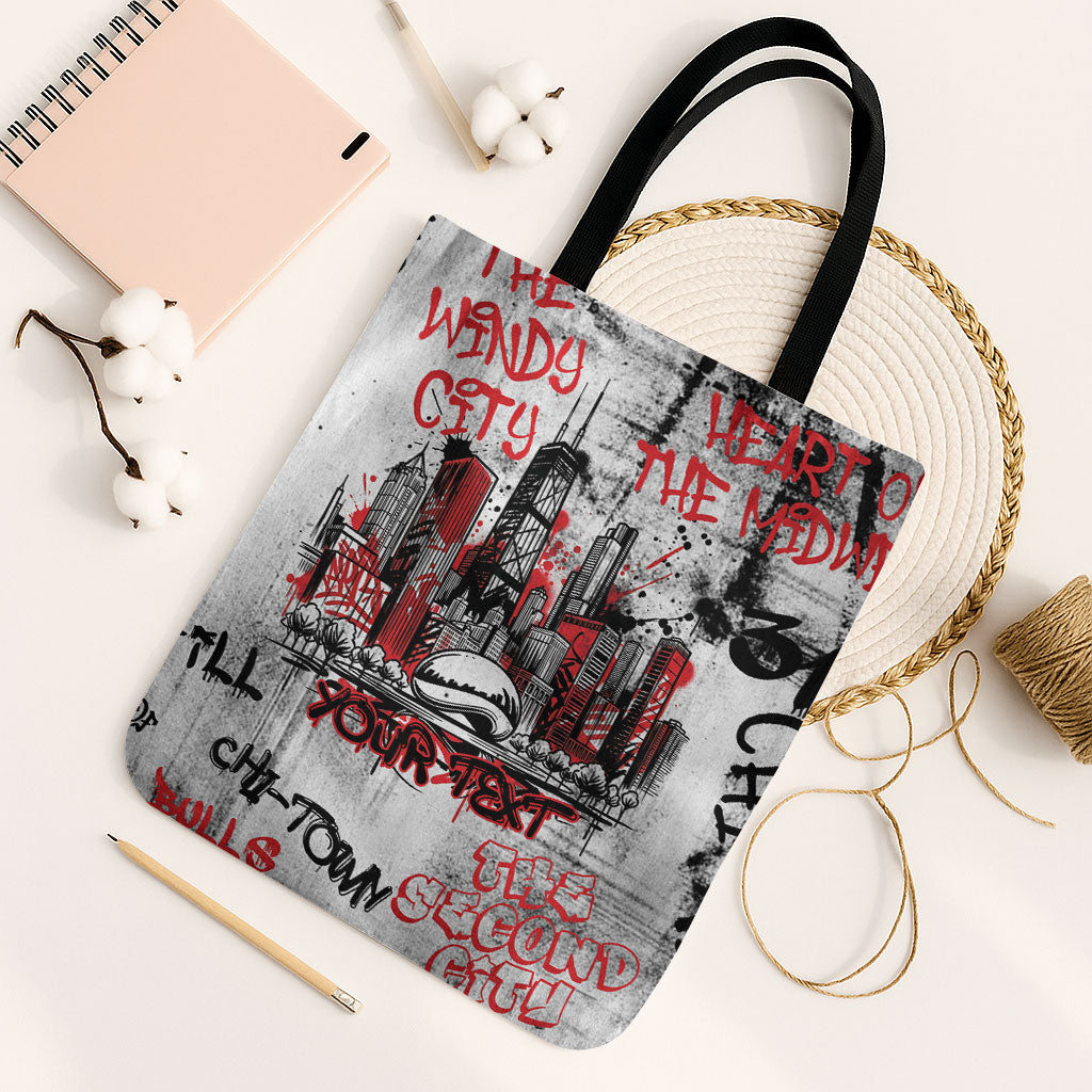 Personalized Chicago City Skyline Tote Bag Urban Graffiti - Cloud Gate - Windy City Typography