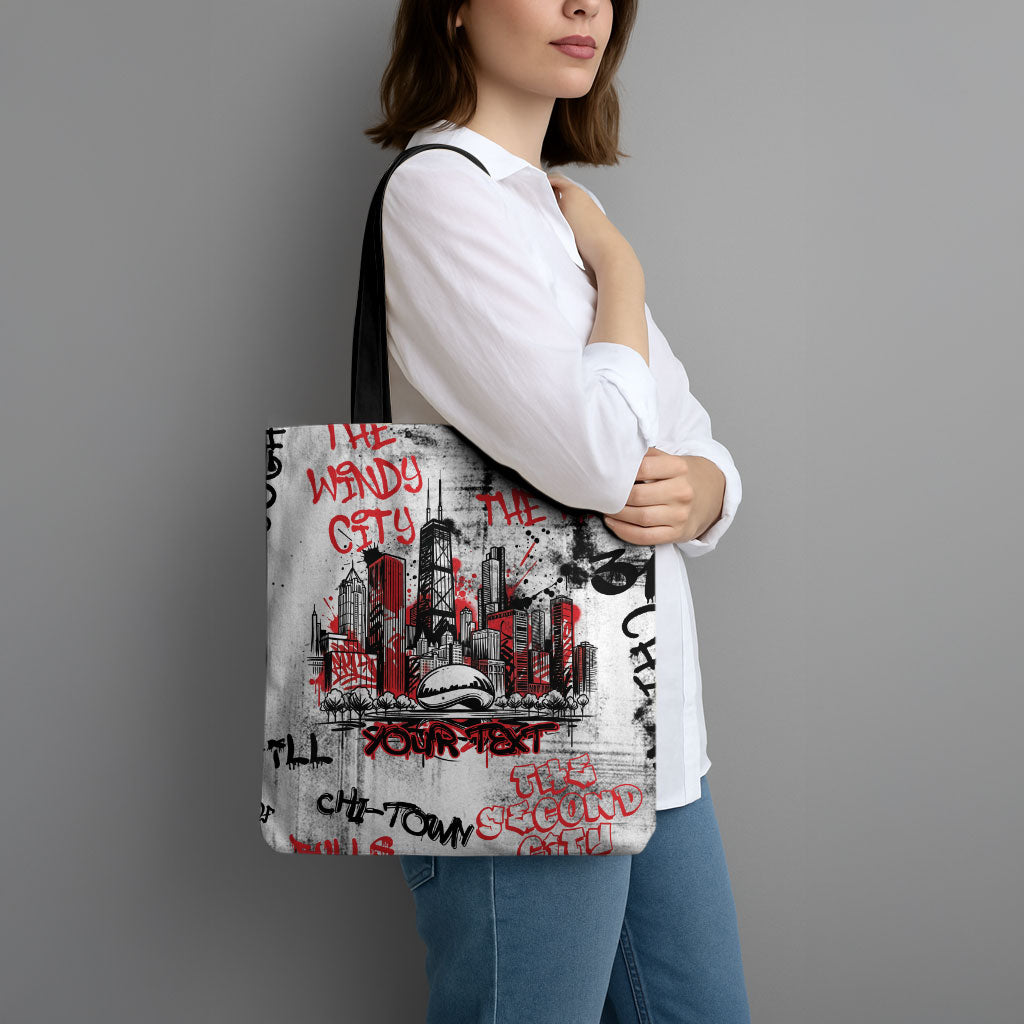 Personalized Chicago City Skyline Tote Bag Urban Graffiti - Cloud Gate - Windy City Typography