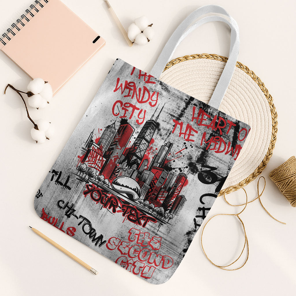 Personalized Chicago City Skyline Tote Bag Urban Graffiti - Cloud Gate - Windy City Typography