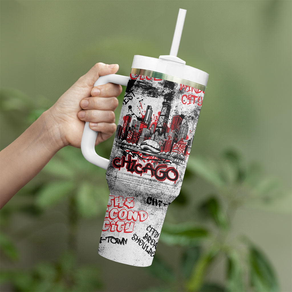 Personalized Chicago City Skyline Tumbler With Handle Urban Graffiti - Cloud Gate - Windy City Typography