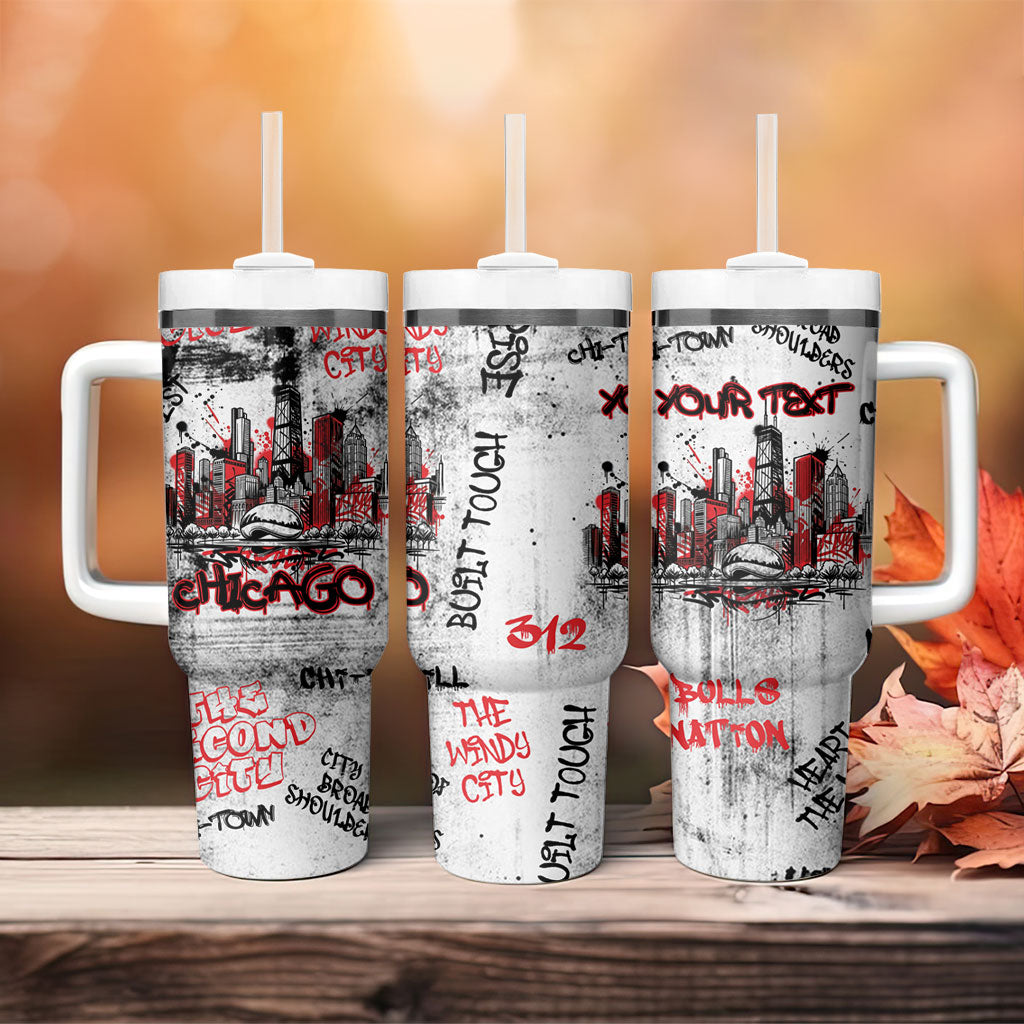 Personalized Chicago City Skyline Tumbler With Handle Urban Graffiti - Cloud Gate - Windy City Typography