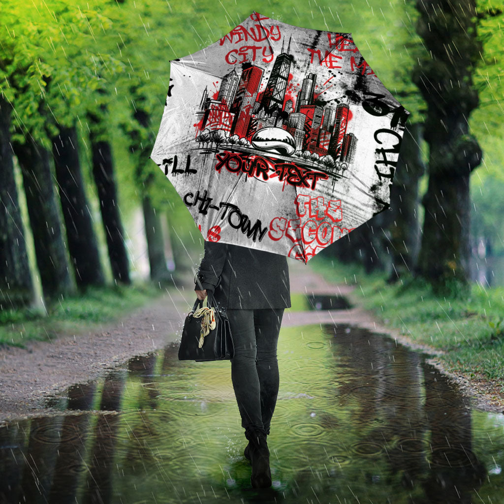 Personalized Chicago City Skyline Umbrella Urban Graffiti - Cloud Gate - Windy City Typography
