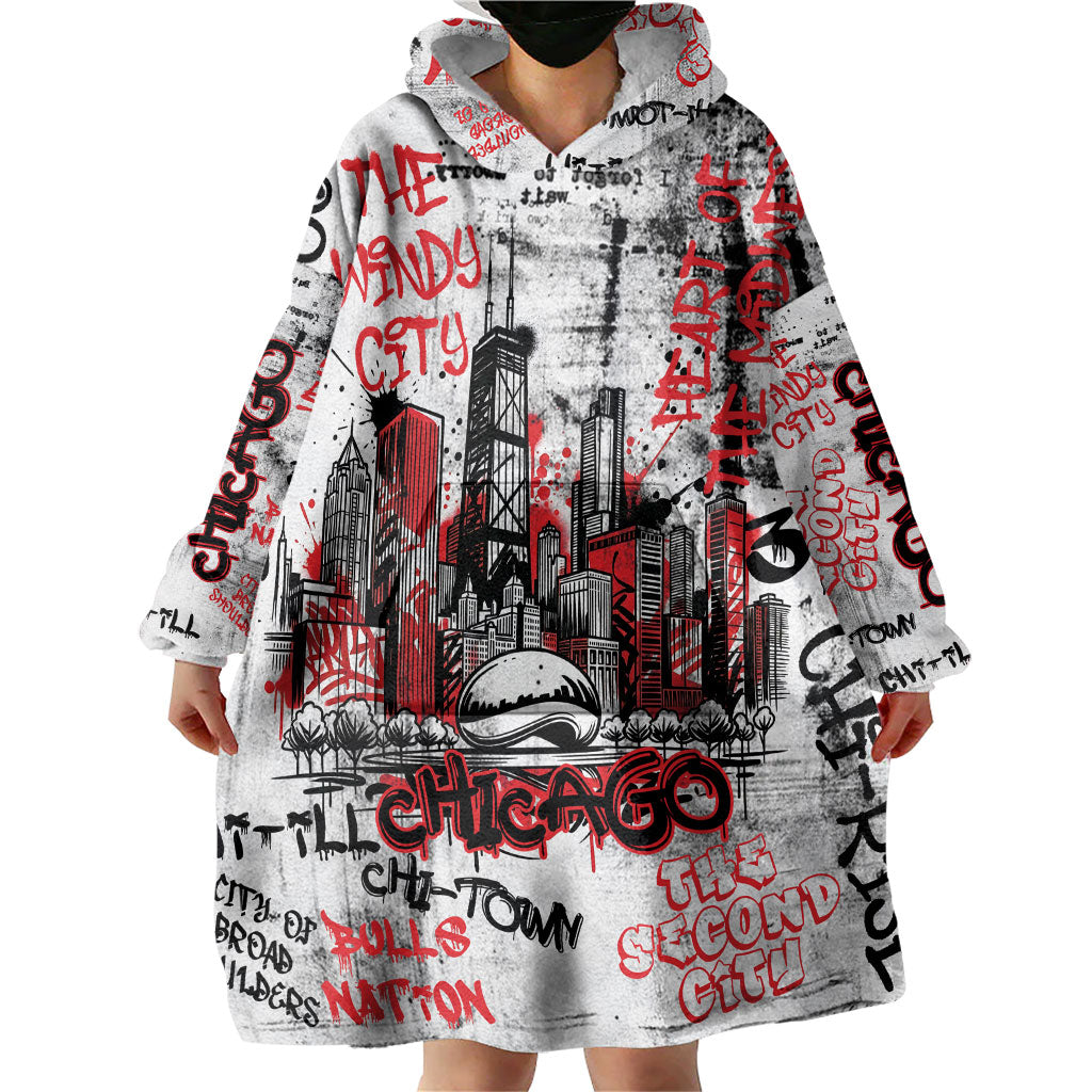 Personalized Chicago City Skyline Wearable Blanket Hoodie Urban Graffiti - Cloud Gate - Windy City Typography