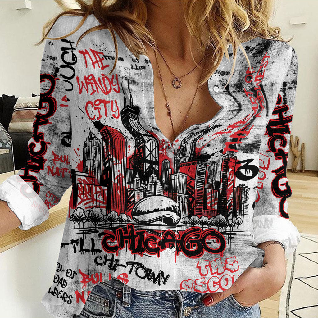 Personalized Chicago City Skyline Women Casual Shirt Urban Graffiti - Cloud Gate - Windy City Typography