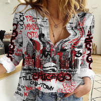 Personalized Chicago City Skyline Women Casual Shirt Urban Graffiti - Cloud Gate - Windy City Typography