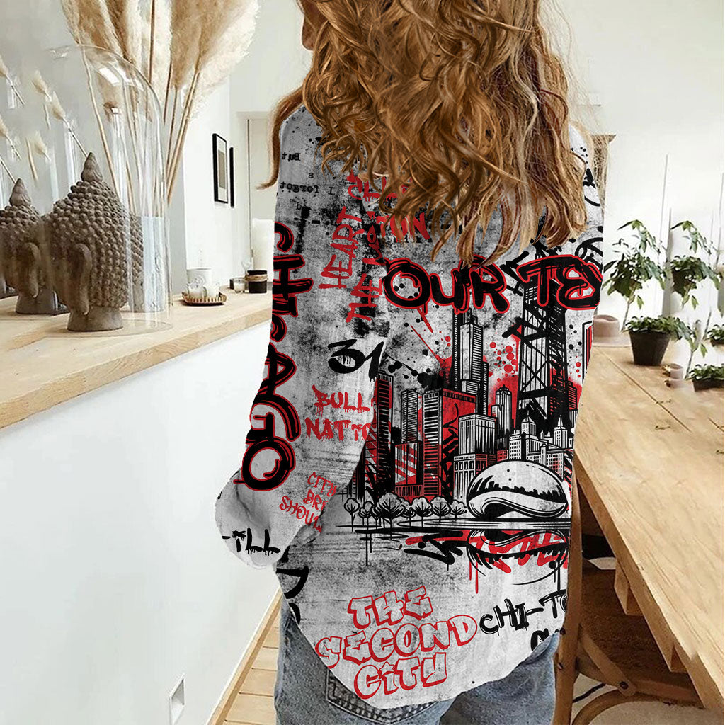 Personalized Chicago City Skyline Women Casual Shirt Urban Graffiti - Cloud Gate - Windy City Typography
