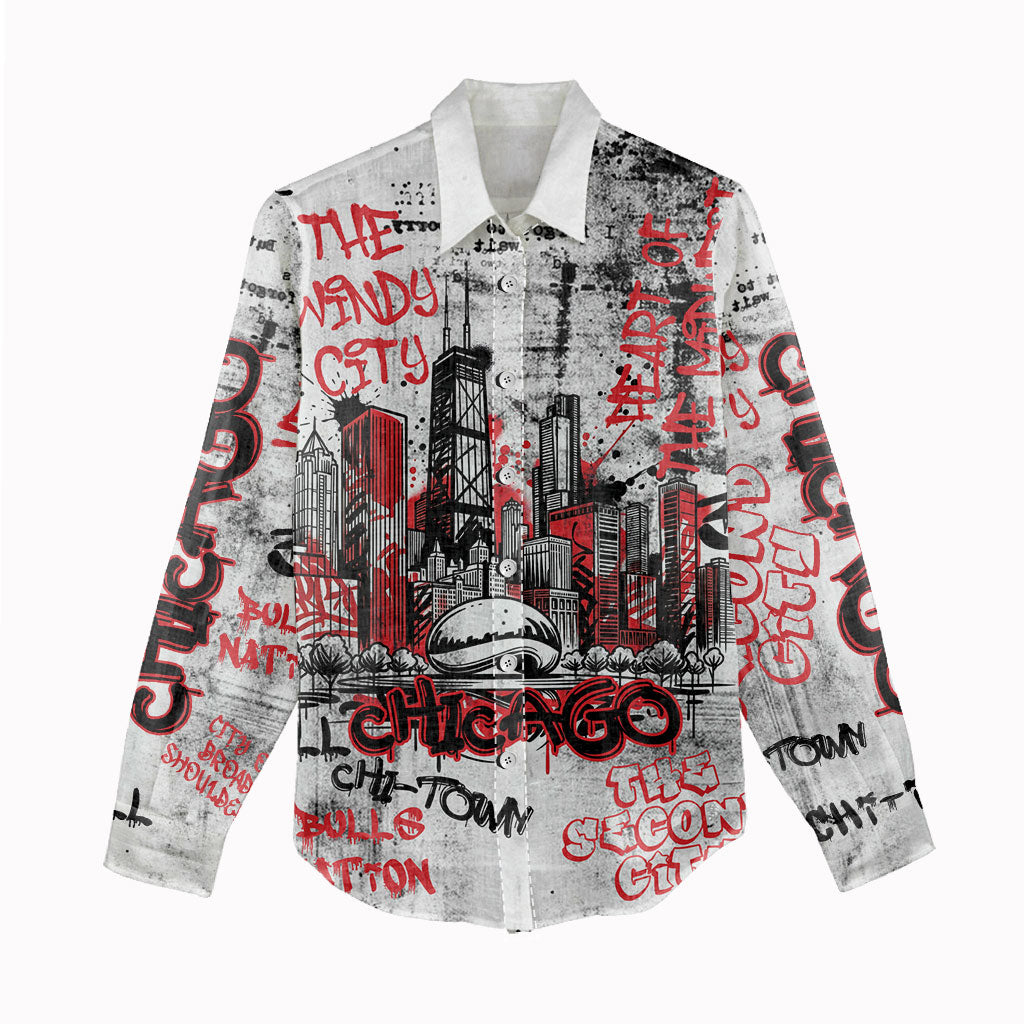 Personalized Chicago City Skyline Women Casual Shirt Urban Graffiti - Cloud Gate - Windy City Typography