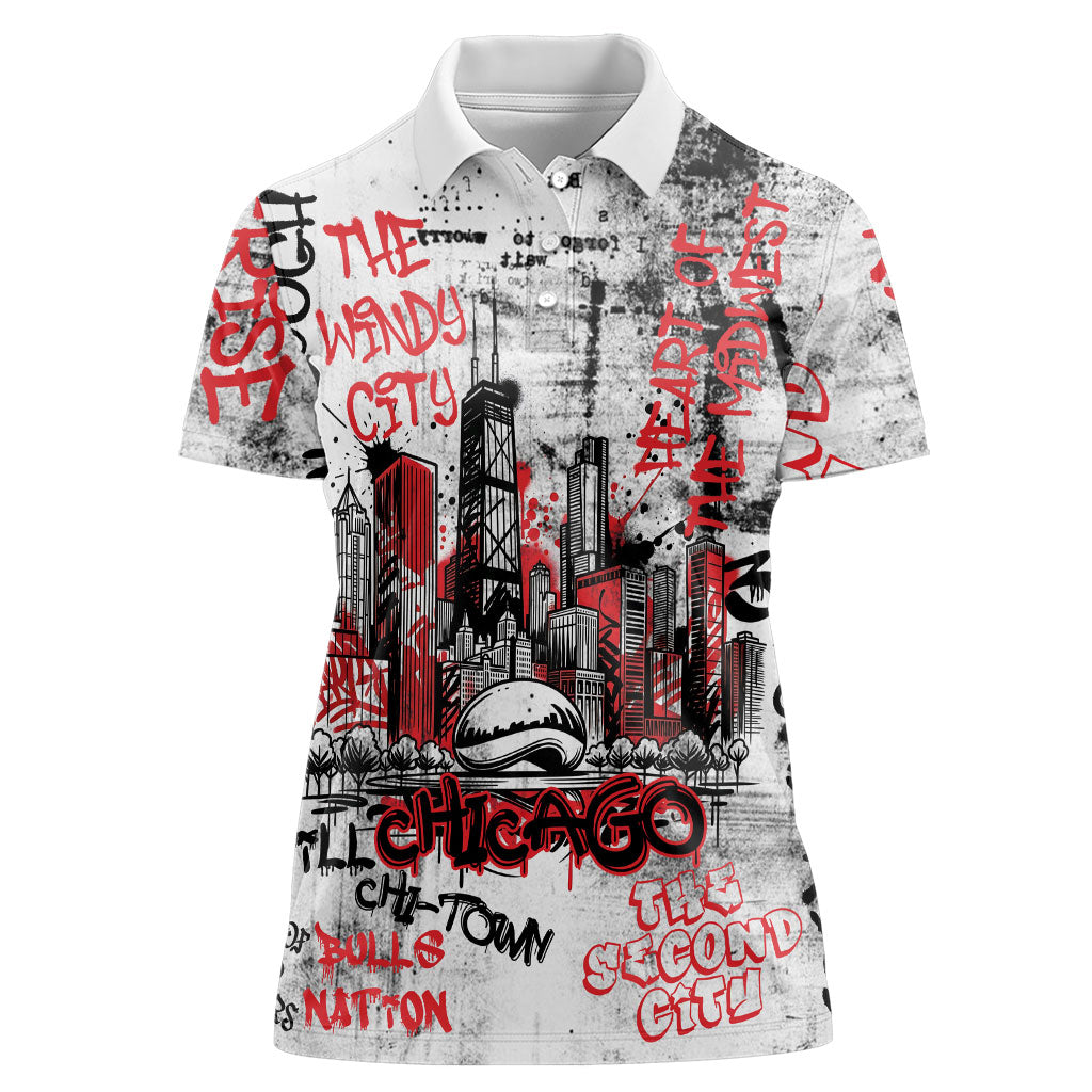 Personalized Chicago City Skyline Women Polo Shirt Urban Graffiti - Cloud Gate - Windy City Typography