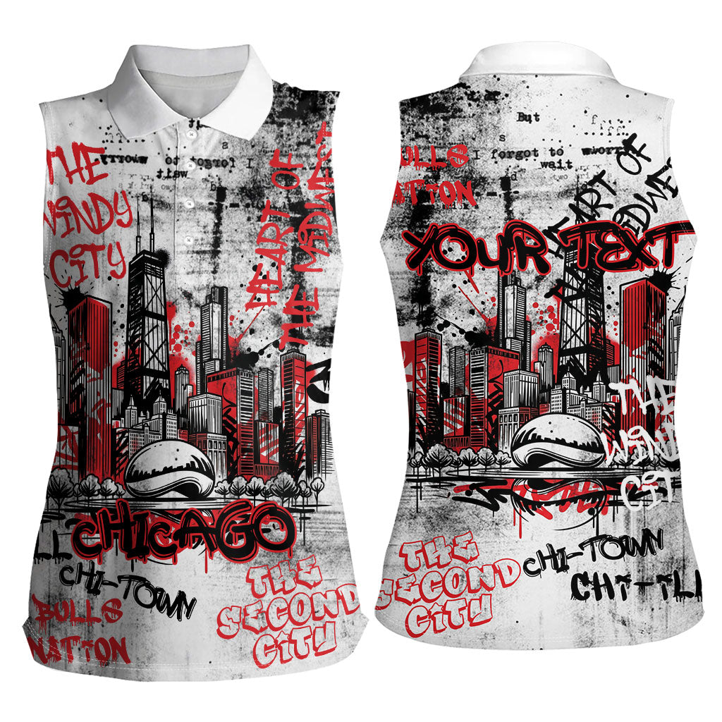 Personalized Chicago City Skyline Women Sleeveless Polo Shirt Urban Graffiti - Cloud Gate - Windy City Typography